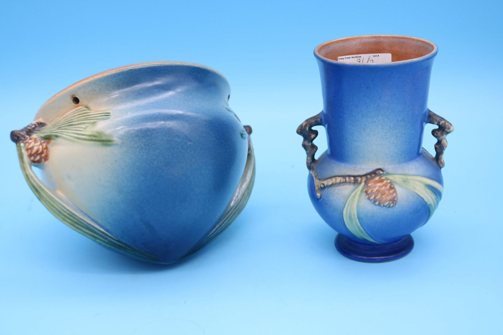 2 PCS. ROSEVILLE, BLUE PINECONE, HANDLED VASE 6 (1 of 2)
