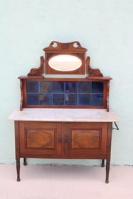 19TH C. WASHSTAND MIRROR & TILE BACK, MARBLE TOP,