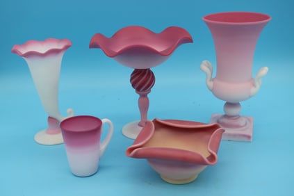 5 PCS. PAIRPOINT PEACHBLOW, HANDLED URN, 8 1/2"