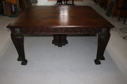 EXCEPTIONAL OAK BANQUET TABLE, CARVED LION HEADS,