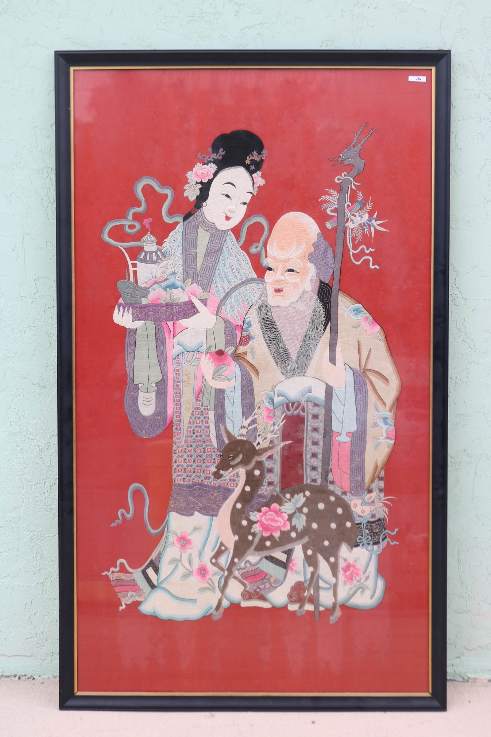 LARGE CHINESE NEEDLEWORK ON SILK, IMMORTAL WITH (1 of 3)