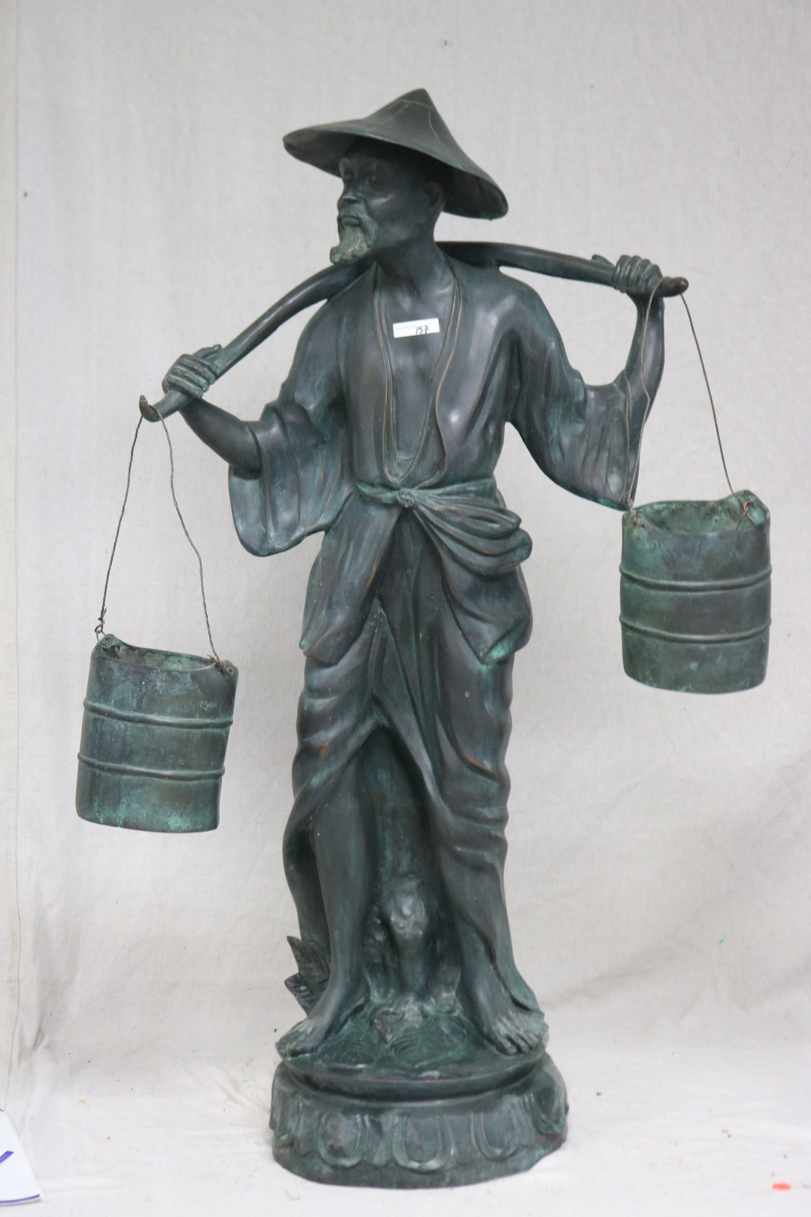 STANDING BRONZE SIAN MAN WITH BUCKETS, 42" H, 27": W, 12" D, GOOD PATINA, 2ND HALF OF 20TH C.