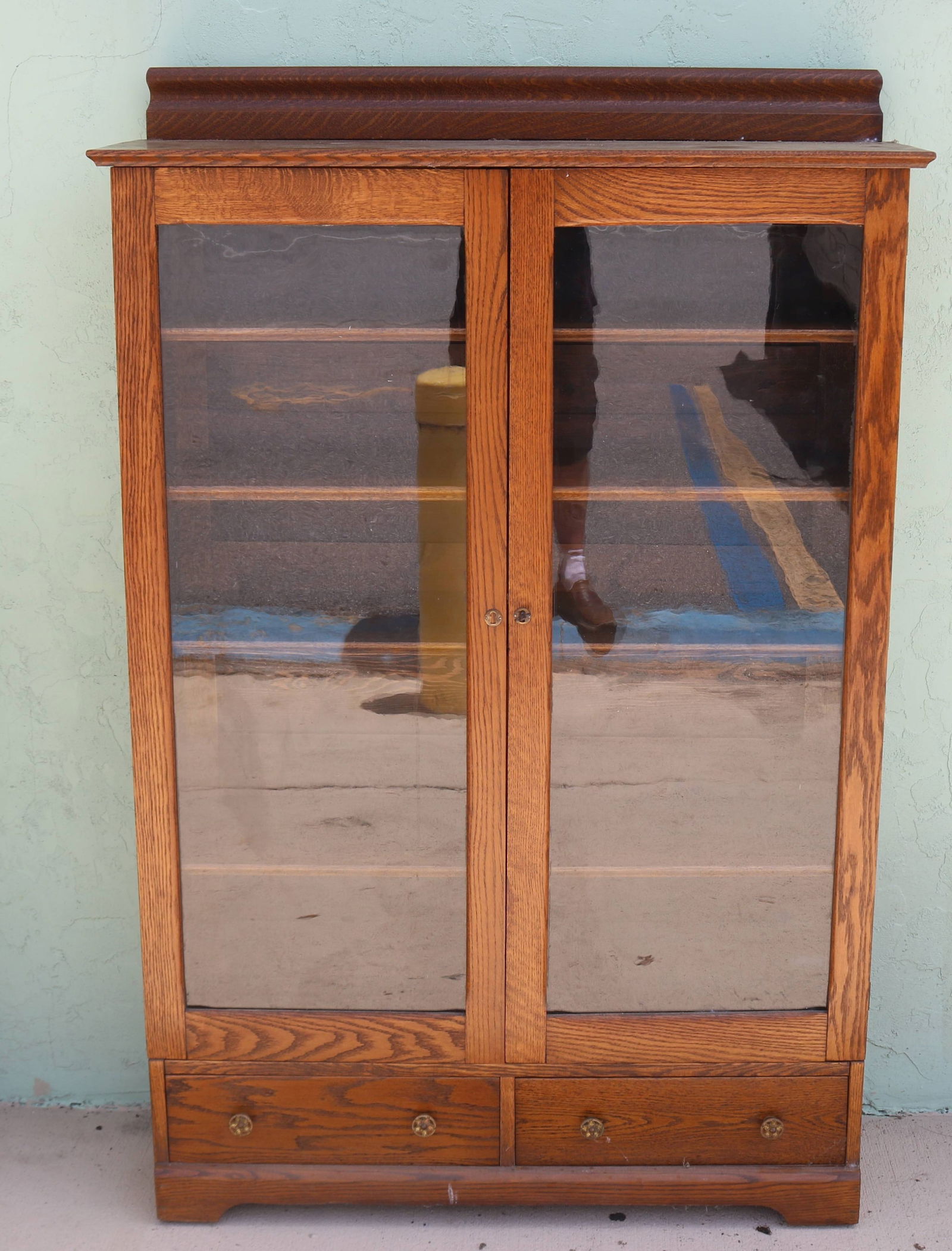 OAK BOOKCASE, 2 DOORS, 2 DRAWERS, OLD REFINISHED (1 of 1)