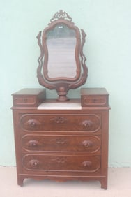 VICTORIAN WALNUT CHEST, WISHBONE MIRROR, MARBLE