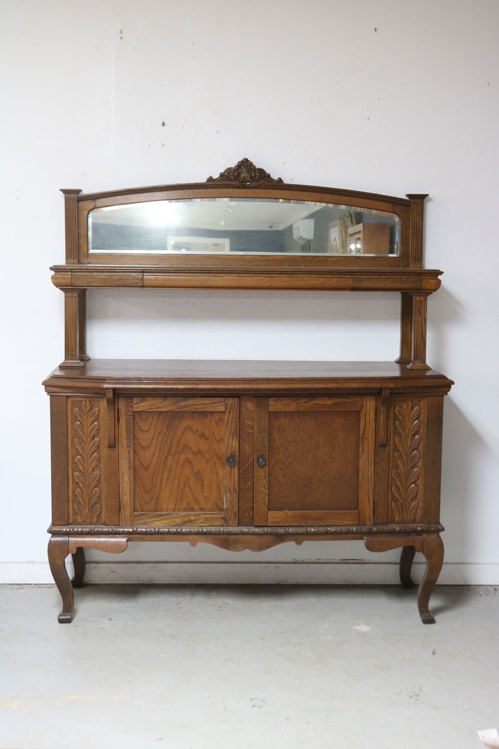 TIGER OAK SERVER, BEVELED MIRROR TOP WITH 2: DRAWERS, 2 LOWER DOORS, OLD REFINISHED CONDITION, 73" H, 61 1/2" W, 23 1/2" D