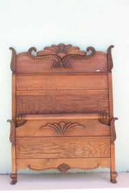 VICTORIAN OAK HIGH BACK BED, ORNATELY CARVED