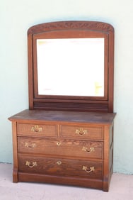 OAK CHEST WITH MIRROR, CARVED TOP BEVELED MIRROR,