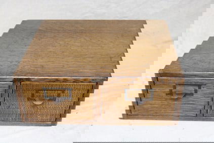 OAK 2 DRAWER FILE BOX, OLD FINISH, FITS 5" X 8"