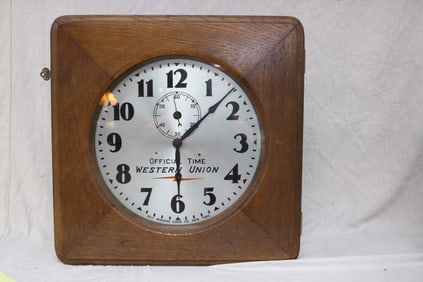 OAK ADVERTISING CLOCK, WESTERN UNION, BATTERY