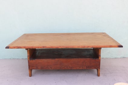 LARGE PINE HUTCH TABLE & BENCHES, REFINISHED,