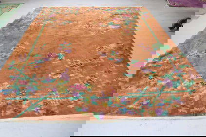ROOM SIZE CHINESE RUG, ART DECO STYLE, SHOWS WEAR
