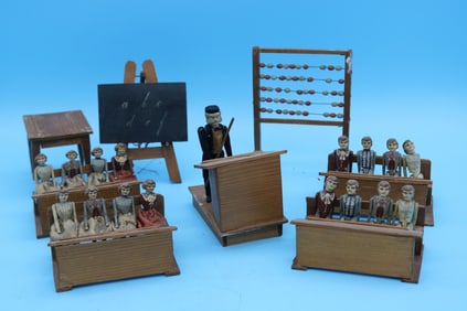 FOLK ART CARVED SCHOOL INTERIOR, INCLUDES 4 DESKS