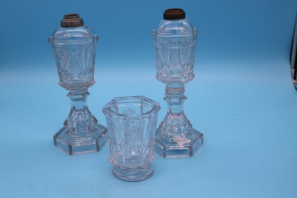 3 PCS. LYRE PATTERN FLINT GLASS, 2 WHALE OIL