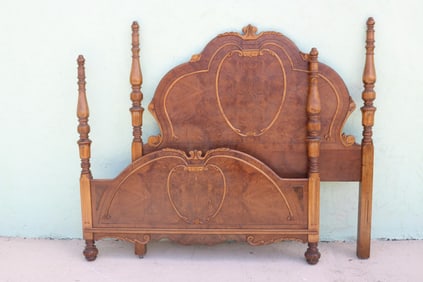 ART DECO 4 POST DOUBLE BED, OLD FINISH, CARVED