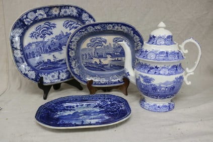 4 PCS. BLUE TRANSFERWARE, STAFFORDSHIRE, 2 WILD