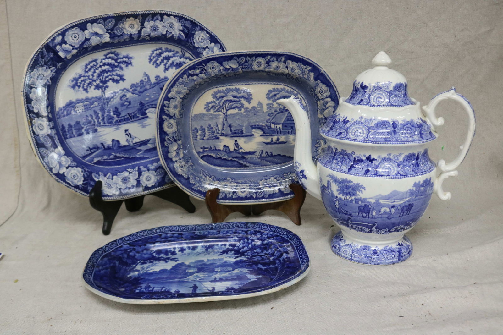 4 PCS. BLUE TRANSFERWARE, STAFFORDSHIRE, 2 WILD (1 of 4)