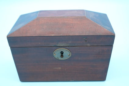 19TH C. TEA BOX, MAHOGANY VENEER, OLD FINISH,