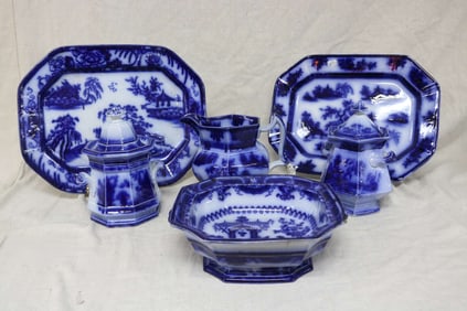 6 PCS. FLO BLUE, HONG KONG PLATTER, 11 3/4" X 14