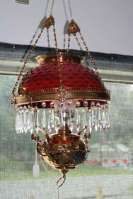 VICTORIAN BRASS HANGING LAMP, CRANBERRY SHADE,
