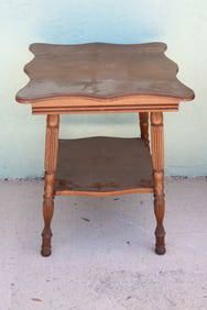 OAK 2 TIERED PLANT STAND, SHAPED TOP TURNED &