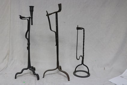 3 WROUGHT IRON RUSH/CANDLE HOLDERS, 16 1/2" - 22"