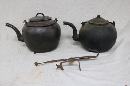 3 WROUGHT IRON PCS, 2 GOOSE NECK TEA KETTLES,
