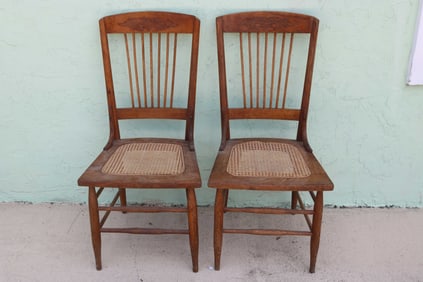 PAIR OAK SIDE CHAIRS, OLD FINISH, PRESS CANE