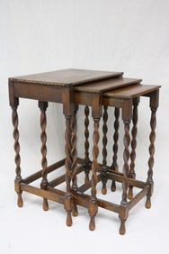 NEST OF 3 OAK STACK TABLES, TWIST LEG DESIGN,
