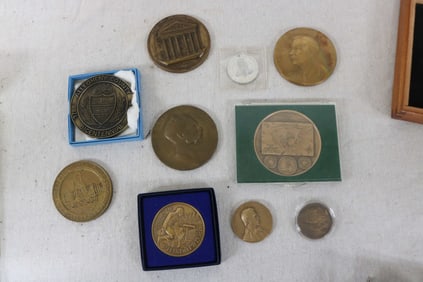 COLLECTION OF 10 BRONZE MEDALS, 1 1/2" - 3" DIA.,