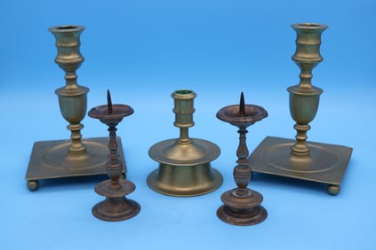 COLLECTION OF 5 EARLY BRASS CANDLE STICKS TO