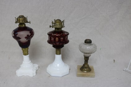 THREE 19TH C. FLUID LAMPS, 2 WITH RUBY FLASHED