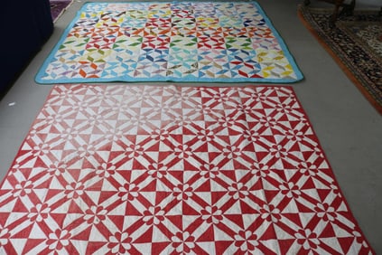 2 GEOMETRIC DESIGN QUILTS, RED & WHITE EARLY 20TH