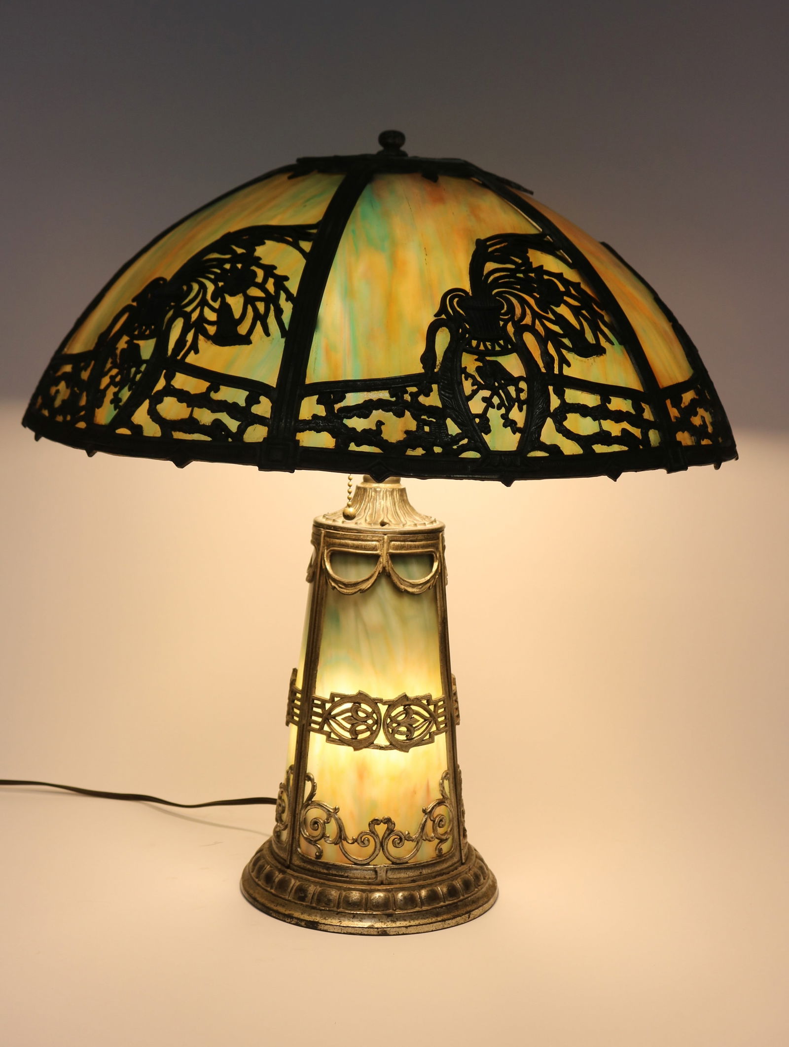 BLUE SLAG GLASS PANEL LAMP WITH LIGHT HOUSE STYLE (1 of 2)