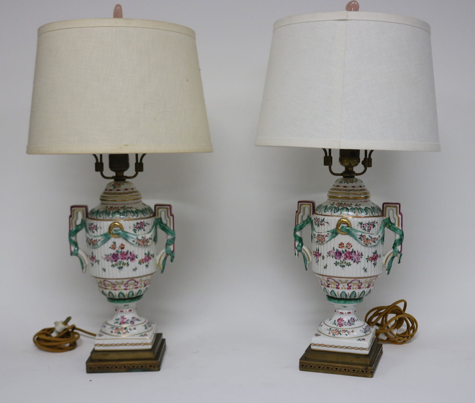PAIR PORCELAIN URN FORM TABLE LAMPS, FLORAL & (1 of 2)