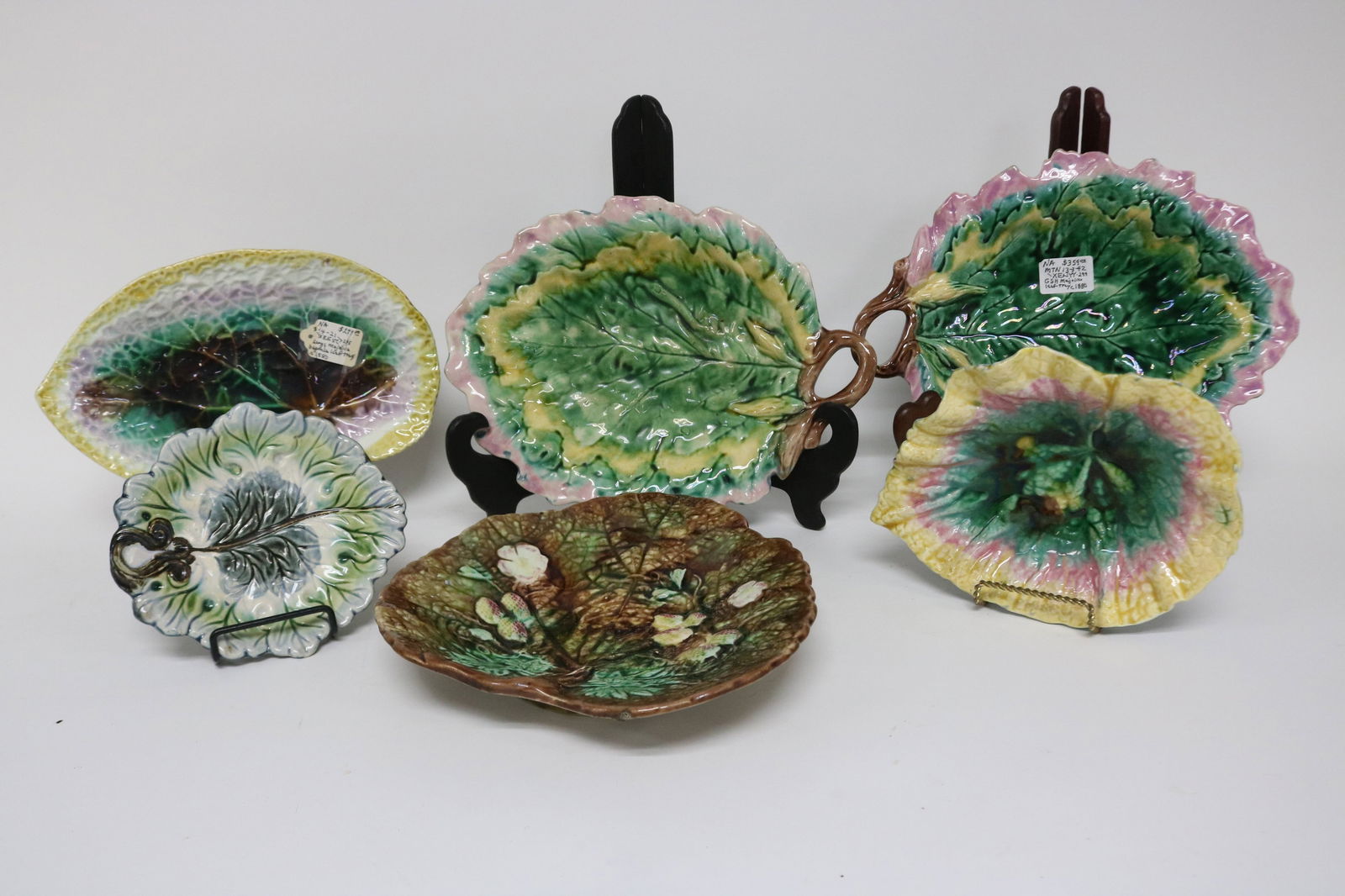 6 MAJOLICA LEAF SHAPED TRAYS, 3 GRIFFIN SMITH & (1 of 2)