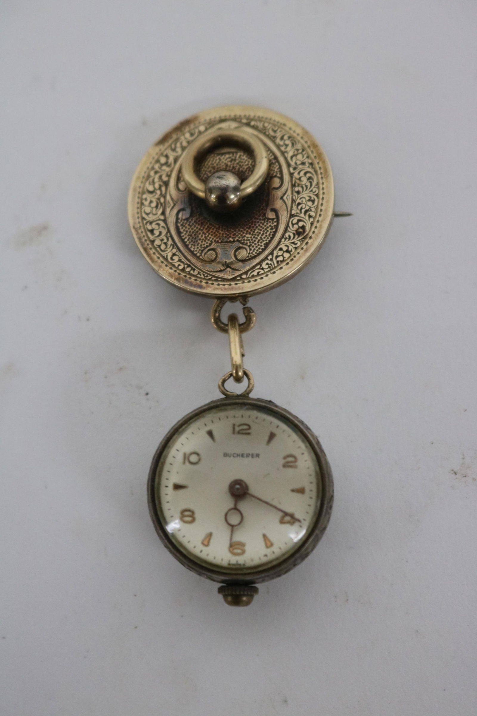 BUCHERER PENDANT WATCH, SILVER CASE, OPEN FRONT &: BACK, 14K TESTED CLASP, 2.8 DWT, WATCH NOT WORKING