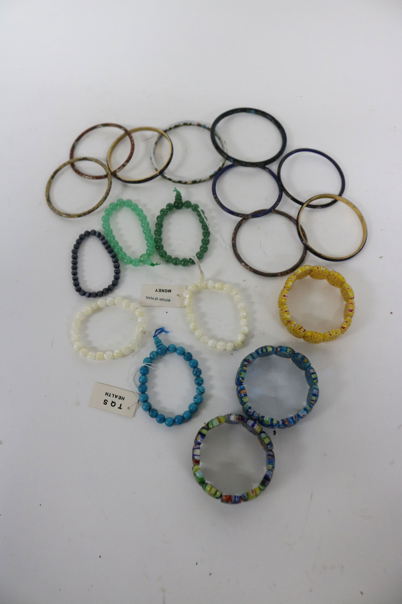 18 MISC. BRACELETS, 3 ART GLASS, 10 CLOISONNE, 6: HARDSTONE & MOTHER OF PEARL