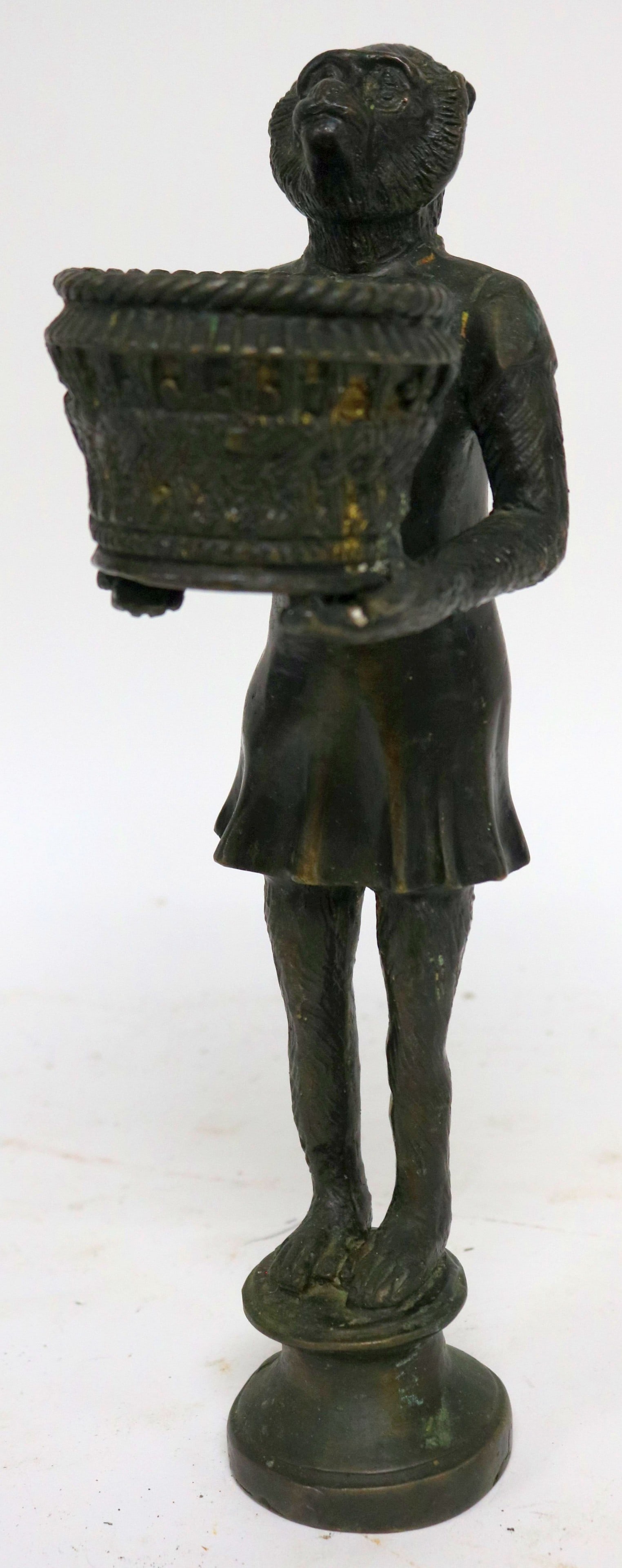 STANDING BRONZE PRIMATE HOLDING BASKET, LATE 20TH: C. 11 1/2" H, GOOD