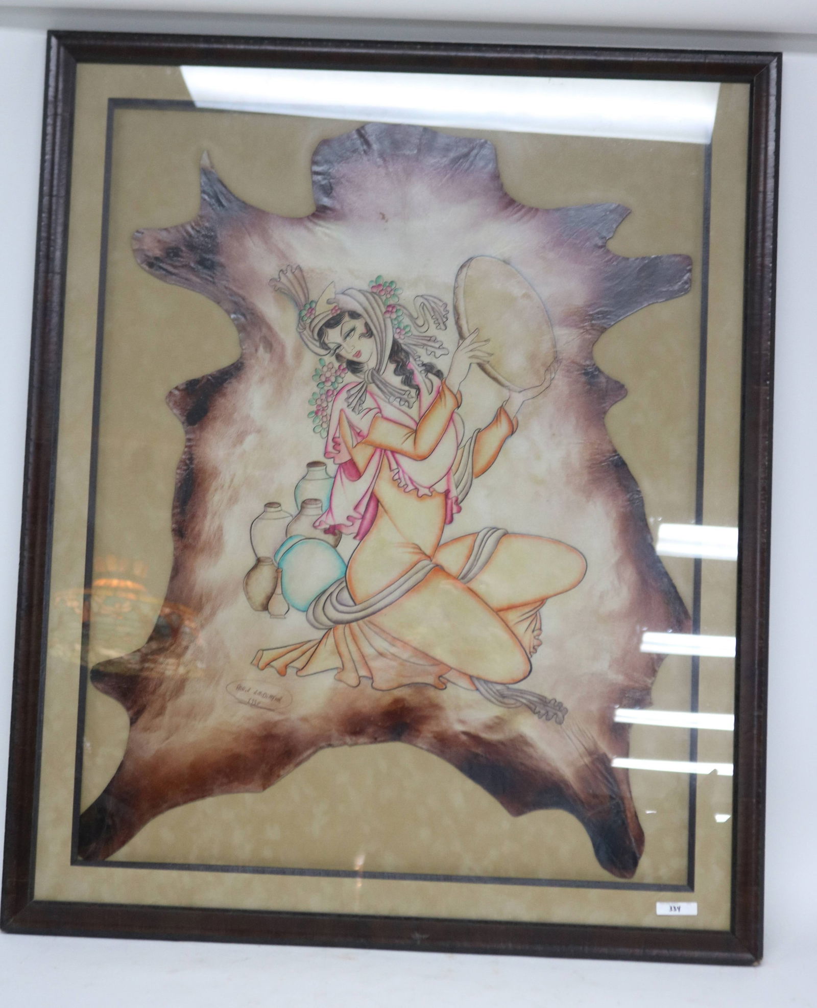 PERSIAN PAINTING ON HIDE, WOMAN WITH POTTERY: JUGS, SIGNED PARIA AMIDIMEHR 1990, 33 1/2" X 27" SIGHT, 40 1/2" X 33 1/2" OVERALL