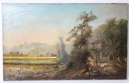 OIL ON CANVAS, FIELD WORKS PICKING COTTON, EARLY