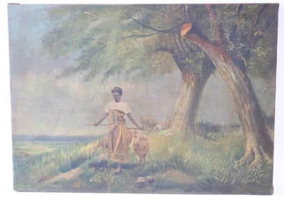 OIL ON CANVAS, WOMAN WITH SHEEP, EARLY 20TH C.