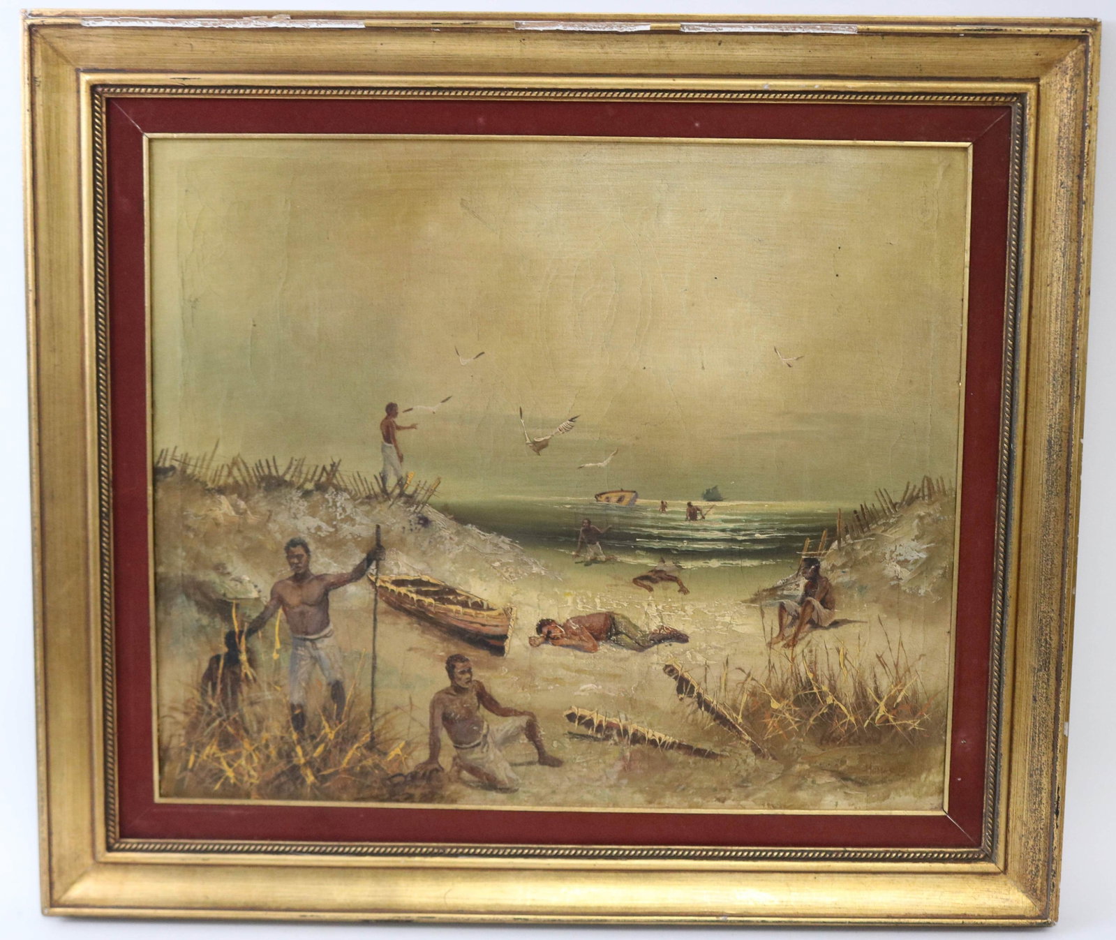 OIL ON CANVAS, SURVIVORS OF SHIP WRECK, EARLY: FIRST HALF 20TH C., AS IS GOLD PAINTED WOODEN FRAME, SIGNED LOWER RIGHT, 20 1/2" X 24" SIGHT, 27 1/2" X 31 1/2" OVERALL