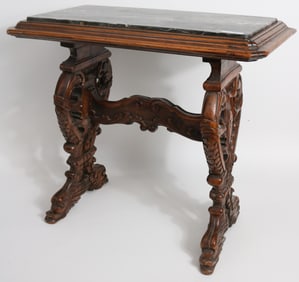 CARVED OCCASIONAL TABLE, WALNUT, MARBLE TOP,