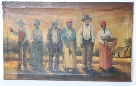 OIL ON CANVAS, 6 SHARE CROPPERS, UNFRAMED, SIGNED