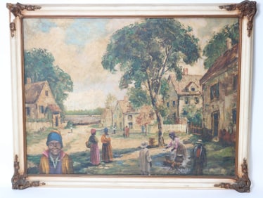 OIL ON CANVAS, TOWN WITH FIELD WORKERS COOKING &