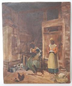 OIL ON CANVAS, INTERIOR WITH WOMEN, CHILD &