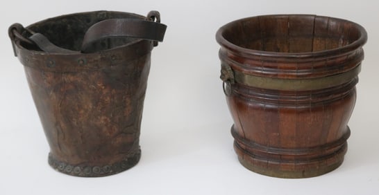 TWO 18TH/19TH C. BUCKETS, LEATHER 9" H, 9" DIA.,