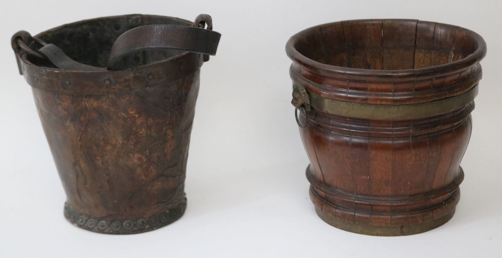 TWO 18TH/19TH C. BUCKETS, LEATHER 9" H, 9" DIA., (1 of 2)