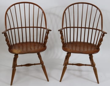 PAIR BENCH MADE WINDSOR SACK BACK ARM CHAIRS, 39