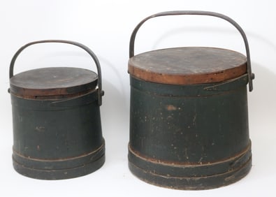 TWO 19TH C. HINGHAM STYLE BUCKETS, SWING HANDLE,